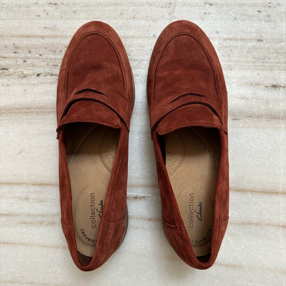 Brown Clarks Suede Loafers - Picture 2 of 5